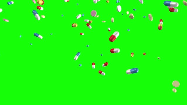 Pills and capsules falling on a chroma key greenscreen background. Loop section from 10:00 to 20:00, so you can have the pills falling for as long as you like. Medicine, medical, pharmaceuticals.