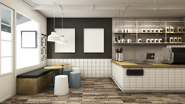 Cafe shop & Restaurant design Minimal Loft white brick counter wood top counter.wood floors -3D render