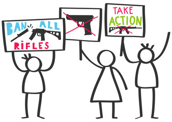 Vector illustration of stick figures protesting gun violence holding up signs, ban all rifles isolated on white background