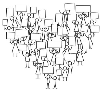 Vector illustration of protesting stick figures, holding up blank signs standing in shape of heart isolated on white background
