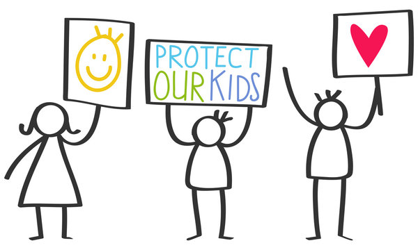Vector illustration of stick figures holding up signs, protect our kids, love, isolated on white background