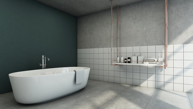 Bathroom design modern & Loft green wall tiles concrete wall white Shelves Bath accessories metal color rose gold - 3D render