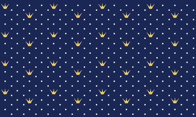 Navy dark blue seamless pattern in retro style with a gold crown. Can be used for premium royal party. Luxury backdrop for little prince. Polka white dots. Kids boy wallpaper