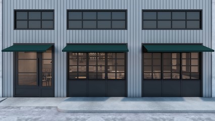 Front view Cafe shop & Restaurant design Modern Loft metal wall black frame metal door & windows- 3D rendering