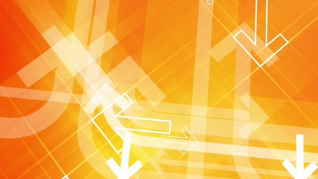 Abstract arrows background. Loop section from 6:00 to 41:00 so you can extend the animation for as long as you like. White and yellow arrows following different paths on orange background.