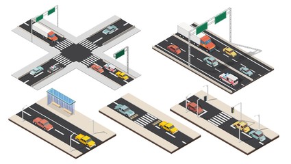 Isometric crossroads and roads with highways traffic set elements.