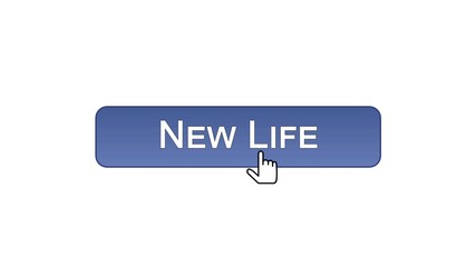 New life web interface button clicked with mouse cursor, violet color, start-up