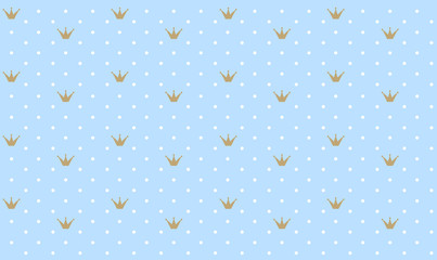 Blue seamless pattern with golden crown. Classic backdrop for invitation card and decoration party (wedding, baby boy shower, birthday) Cute white polka dots wallpaper for prince style child's room. 