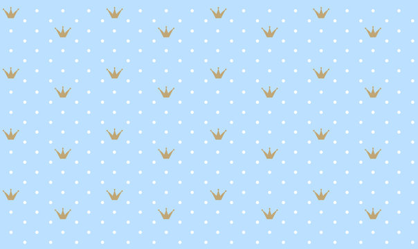 Blue seamless pattern with golden crown. Classic backdrop for invitation card and decoration party (wedding, baby boy shower, birthday) Cute white polka dots wallpaper for prince style child's room. 
