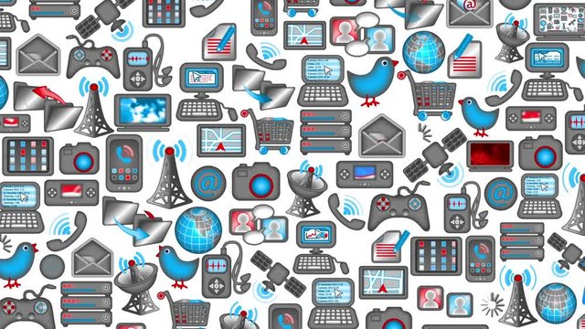 Background or set of Communications icons, looping, with matte. Includes TV, satellite dish, video game, computers, tablet, smart phone, music player, GPS & lots more animated symbols!