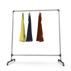 Metall Clothing Display Rack with Dresses on white. 3D illustration