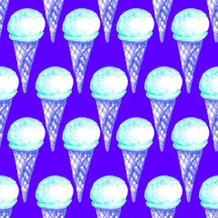 Hand drawn watercolor endless summer print. Seamless pattern with ice lolly and Ice-cream in a waffle horn. Gelato. Food illustration. Dessert scetch.  Good for fabrics, paper, wrapping, background.