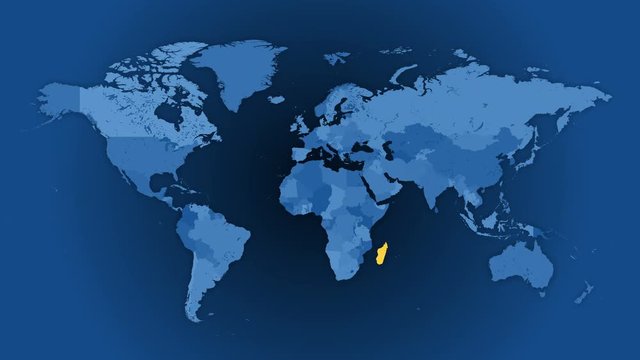 Political world map animated loop. A random selection of 100 countries and territories, highlighted in yellow on a blue background. 3 countries/territories per second. In 4K and HD & smaller sizes.