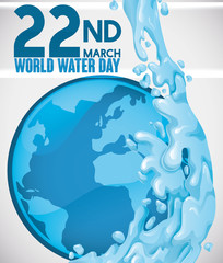 Blue Planet Button with Squirt Covering it for Water Day, Vector Illustration