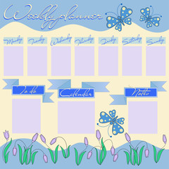 Weekly planner for girl with flowers and butterflies. Stationery organizer for the girl's daily plans. Floral vector weekly scheduler template, graphic.