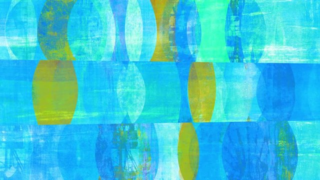 Retro mid-century-style abstract pop art background loop. Blue version. Moving shapes with grunge effects. Layered collage mixing textures from painting and photography.
