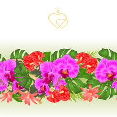 Floral border seamless background bouquet with tropical flowers Hawaiian style floral arrangement, with beautiful purple orchid, palm,philodendron and ficus and anthuria vintage vector