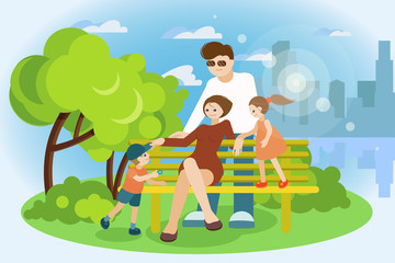 Obraz na płótnie Canvas family is resting in the park on a bench. 