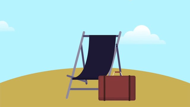 Sunchair with suitcase and sun hat on beach High definition colorful scenes