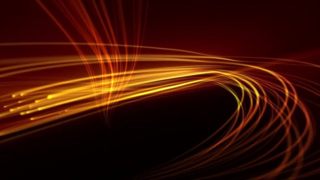 Loop-able from 14:00 to end. Flowing streaks of light background animation. Abstract gold and orange lines on dark background. In 4K and HD.