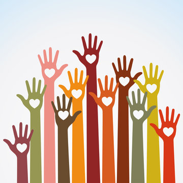 Warm  colors bright colorful caring up hands hearts vector logo design element on sky background. Volunteers hands up with heart emblem icon for education, health care, medical, volunteer, vote. 