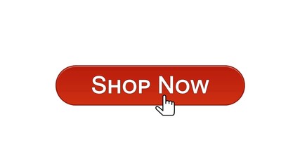 Shop now web interface button clicked with mouse cursor, wine red color, online