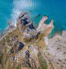 Overhead aerial view of coastline with rock, sea and trees