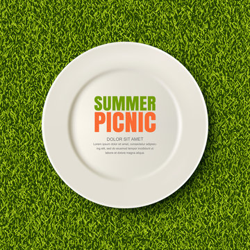 Vector realistic 3d illustration of white empty plate on green grass lawn. Spring, summer picnic in park. Banner, poster design template. Background with copy space.
