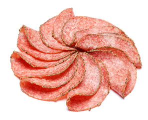 Italian Salami or spanish chorizo on white background