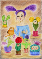 cute  cactuses, girl watering flowers