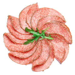Italian Salami or spanish chorizo on white background