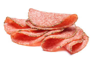 Italian Salami or spanish chorizo on white background