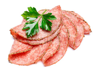 Italian Salami or spanish chorizo on white background