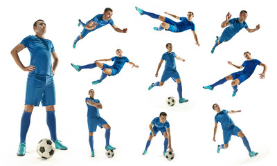 Professional football soccer player with ball isolated white background