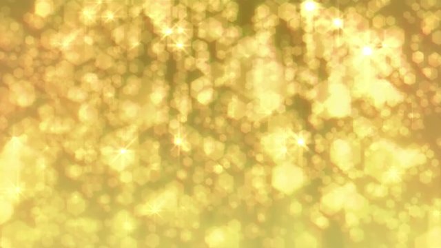 Christmas and celebration background loop. Defocused snow or glitter. Gold sparkly hexagons. In 4K and HD.