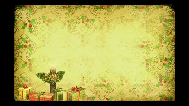 Magical Growing Christmas Tree with Merry Christmas text. Loop section between 17:00-26:00. Old-fashioned grunge style. In 4K and HD.