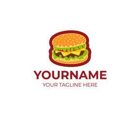 Burger logo template. Grilled beef burger and hamburger with tomato, lettuce and cheese vector design. Fast food and meal illustration