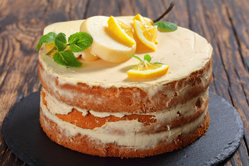 close-up of delicious pear sponge cake