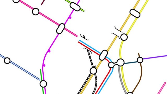 Transport network map loop. Generic growing public transportation network. Lines represent subway, railway train and bus routes. In 4K and HD.