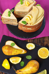 homemade pear sponge cake, close up