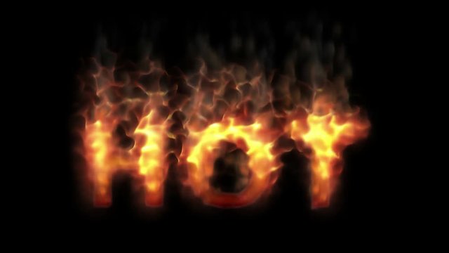 Text animation of the word HOT burning on fire. Looping. A black and white luma matte (alpha channel) is included. In 4K and HD.