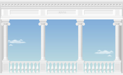 Balcony of a fabulous palace in classical style with a view of the cloud landscape. Vector graphics