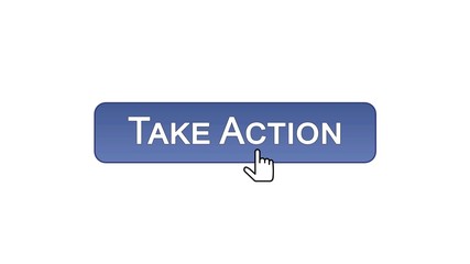 Take action web interface button clicked with mouse cursor, violet color, online