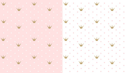 Pink and white seamless pattern with golden crown. Classic backdrop for invitation card and decoration party (wedding, baby girl shower, birthday) Cute polka dots wallpaper for princess child's room.