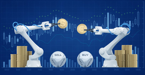 Trading Robots On Forex Market. Illustration / 3d rendering graphic composition on the subject of 'Financial Technologies / Foreign Exchange'.