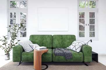 Modern white interior with green sofa 3D Rendering