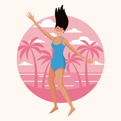 Obraz na płótnie Canvas Happy woman at beach on round icon vector illustration graphic design