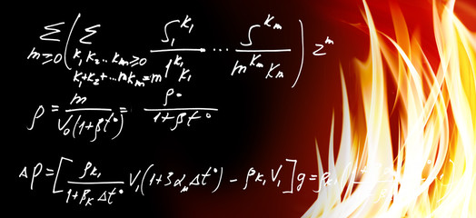 image of mathematical formulas against fire background