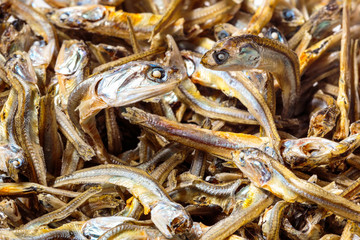 Close up of Japanese dried infant sardine used as seasoning in Japanese foods and cooking. Japanese healthy snack food. Niboshi or Iriko fish close up.