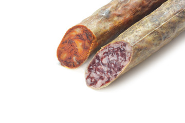 Pieces of Iberian Salami Sausage and Spanish chorizo sausage (Salchichon Iberico and Chorizo...